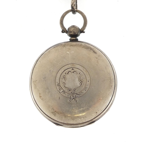 728 - Victorian silver open face pocket watch on a silver watch chain, the fusee movement numbered 32993, ... 