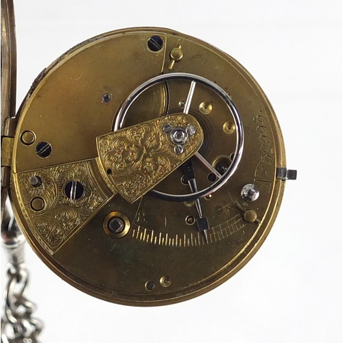 728 - Victorian silver open face pocket watch on a silver watch chain, the fusee movement numbered 32993, ... 