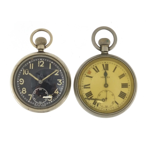 729 - Two Military and Railway interest open face pocket watches including a Vertex, both with engraved ma... 