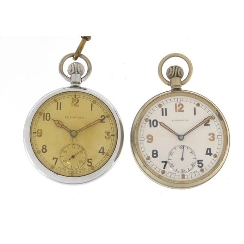 731 - Two British Military issue pocket watches - Frenca and Leonidas, both with engraved marks to the cas... 