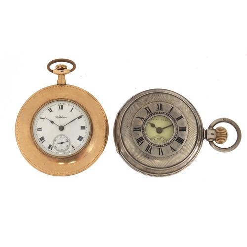 735 - Silver West End watch half hunter pocket watch and a gold plated Waltham pocket watch, both with sub... 