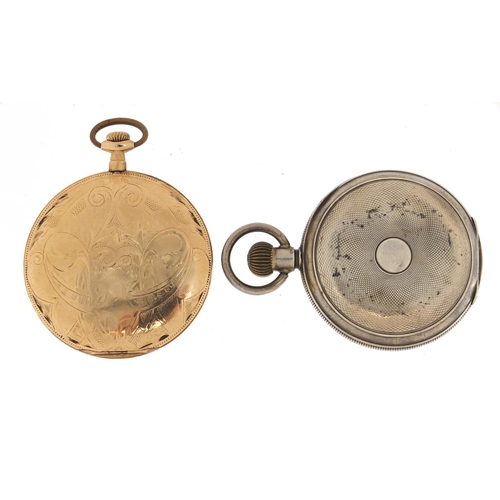 735 - Silver West End watch half hunter pocket watch and a gold plated Waltham pocket watch, both with sub... 