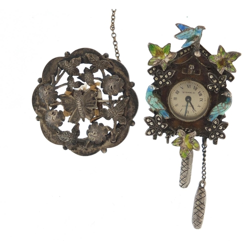 721 - Silver and enamel marcasite fob watch in the form of a cuckoo clock, together with a Victorian silve... 