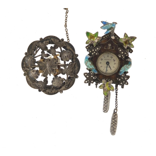 721 - Silver and enamel marcasite fob watch in the form of a cuckoo clock, together with a Victorian silve... 