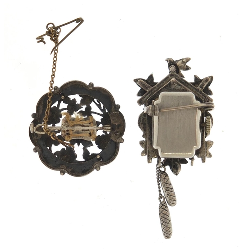 721 - Silver and enamel marcasite fob watch in the form of a cuckoo clock, together with a Victorian silve... 