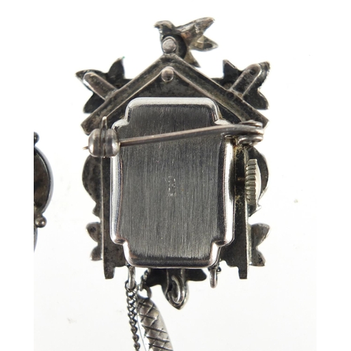 721 - Silver and enamel marcasite fob watch in the form of a cuckoo clock, together with a Victorian silve... 