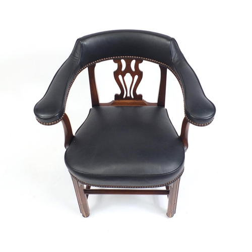 2042 - Mahogany framed elbow chair with black leather upholstery, 82cm high