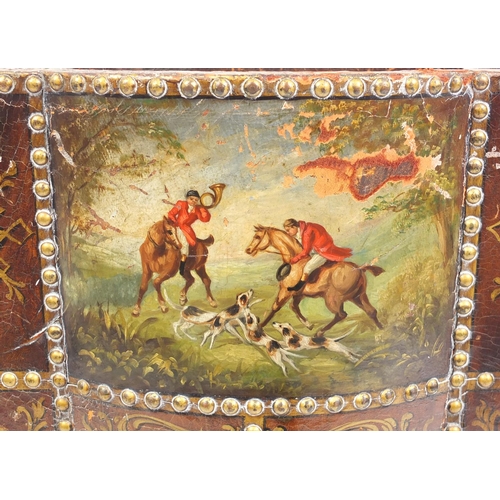 52 - Vintage leather bound stick stand, hand painted with huntsmen and hounds, 74cm high