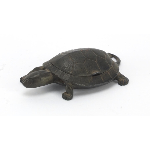 73 - Novelty Victorian pewter tortoise design stamp box, 14cm in length