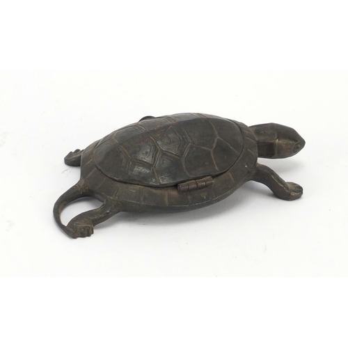 73 - Novelty Victorian pewter tortoise design stamp box, 14cm in length