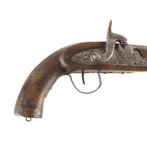 293 - Antique percussion pistol with engraved steel lock and octagonal barrel, 36cm in length