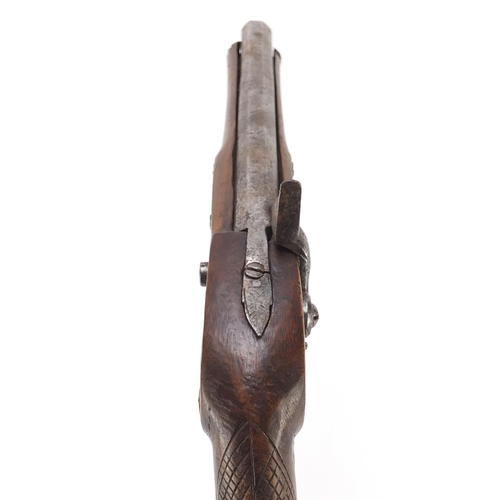 293 - Antique percussion pistol with engraved steel lock and octagonal barrel, 36cm in length