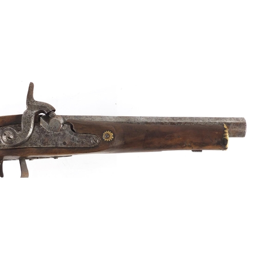 293 - Antique percussion pistol with engraved steel lock and octagonal barrel, 36cm in length