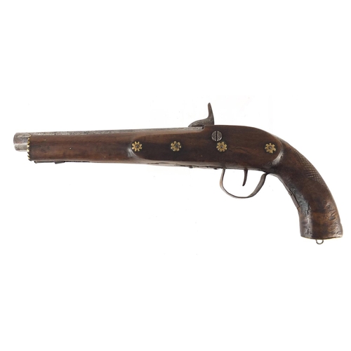 293 - Antique percussion pistol with engraved steel lock and octagonal barrel, 36cm in length