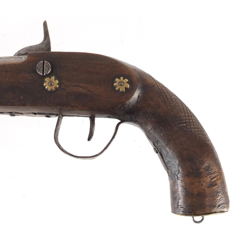 293 - Antique percussion pistol with engraved steel lock and octagonal barrel, 36cm in length