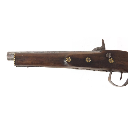 293 - Antique percussion pistol with engraved steel lock and octagonal barrel, 36cm in length