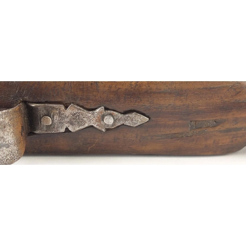 293 - Antique percussion pistol with engraved steel lock and octagonal barrel, 36cm in length