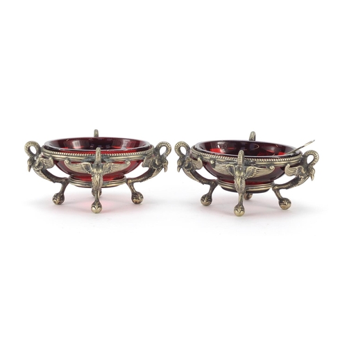 634 - Pair of Victorian novelty silver plated swan design salts with ruby glass liners, one with a spade d... 