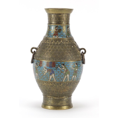 397 - Chinese archaic style enamel vase with ringed turned handles, 21.5cm high