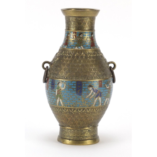 397 - Chinese archaic style enamel vase with ringed turned handles, 21.5cm high