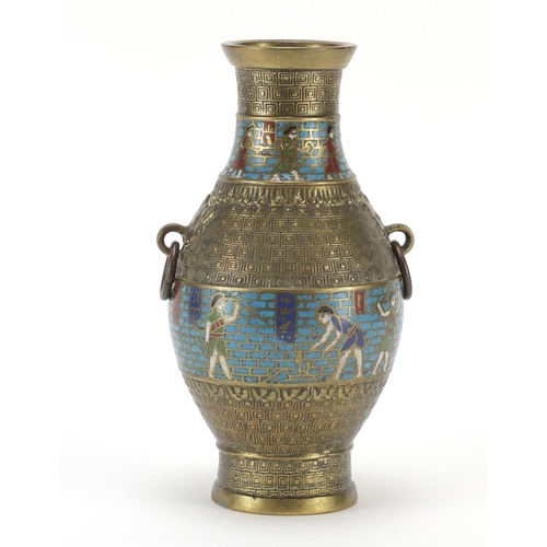 397 - Chinese archaic style enamel vase with ringed turned handles, 21.5cm high