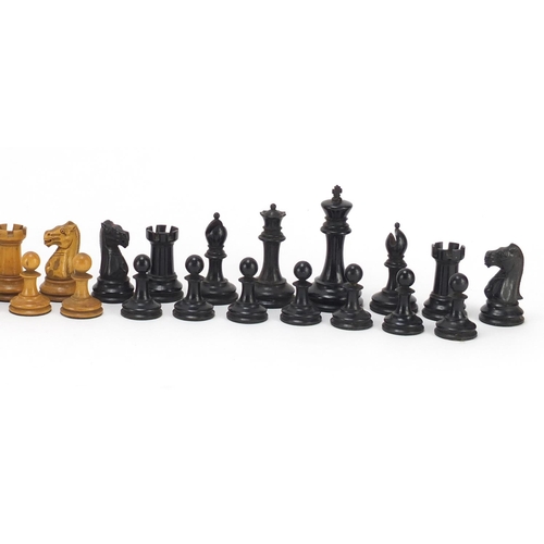 125 - Staunton boxwood and ebony chess set, by Jaques & Son of London with mahogany box, the slide off lid... 