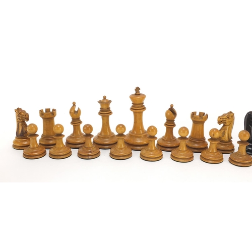 125 - Staunton boxwood and ebony chess set, by Jaques & Son of London with mahogany box, the slide off lid... 