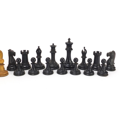 125 - Staunton boxwood and ebony chess set, by Jaques & Son of London with mahogany box, the slide off lid... 