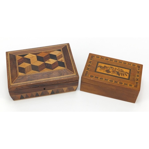 41 - Two Victorian Tunbridge Ware boxes, the larger sarcophagus shaped example with tumbling blocks desig... 