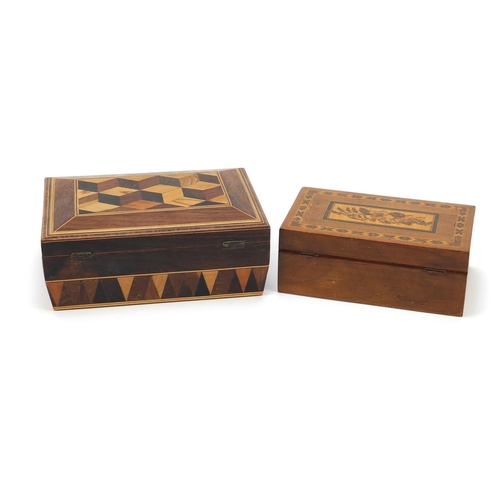 41 - Two Victorian Tunbridge Ware boxes, the larger sarcophagus shaped example with tumbling blocks desig... 