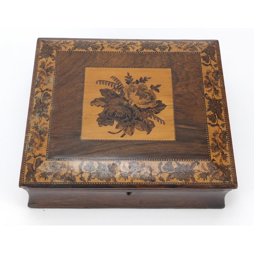 17 - Victorian Tunbridge Ware writing box, the hinged lid inlaid with flowers opening to reveal a fitted ... 