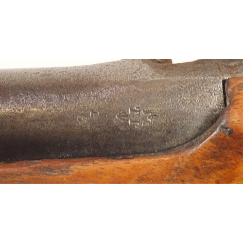 298 - Percussion rifle with brass mounts, impressed proof marks to the barrel, 122.5cm in length