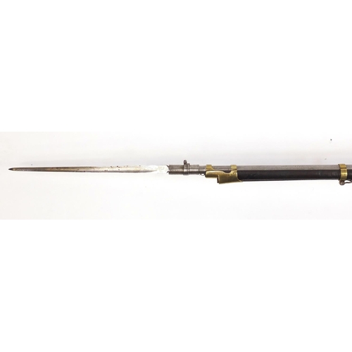 296 - Indian pattern two band percussion rifle with bayonet, impressed marks to the brass lock, 190cm in l... 