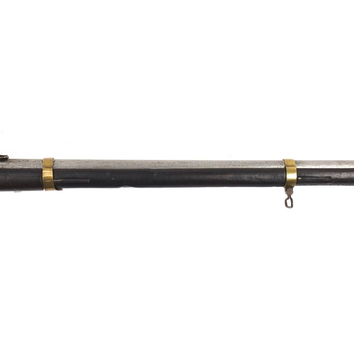 296 - Indian pattern two band percussion rifle with bayonet, impressed marks to the brass lock, 190cm in l... 