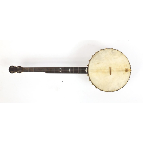 89 - 19th century A C Fairbanks and Cole banjo with ivory keys, impressed marks to the tension bar, 88cm ... 