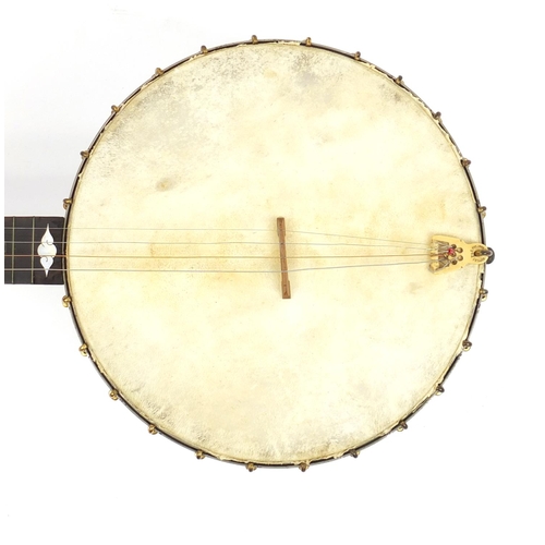 89 - 19th century A C Fairbanks and Cole banjo with ivory keys, impressed marks to the tension bar, 88cm ... 