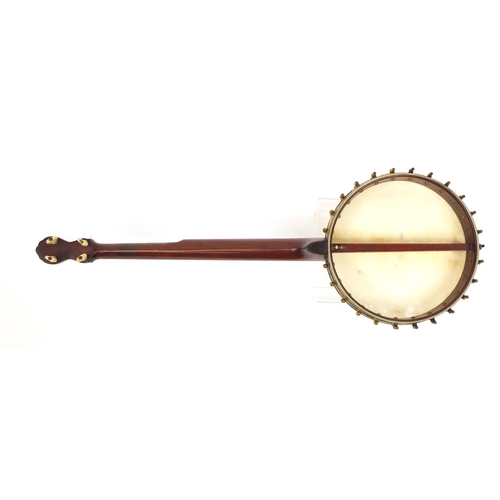 89 - 19th century A C Fairbanks and Cole banjo with ivory keys, impressed marks to the tension bar, 88cm ... 