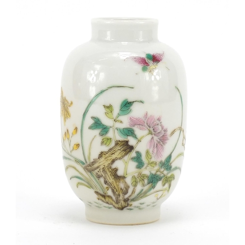 314 - Chinese porcelain vase, finely hand painted with famille rose palette with butterfly amongst flowers... 