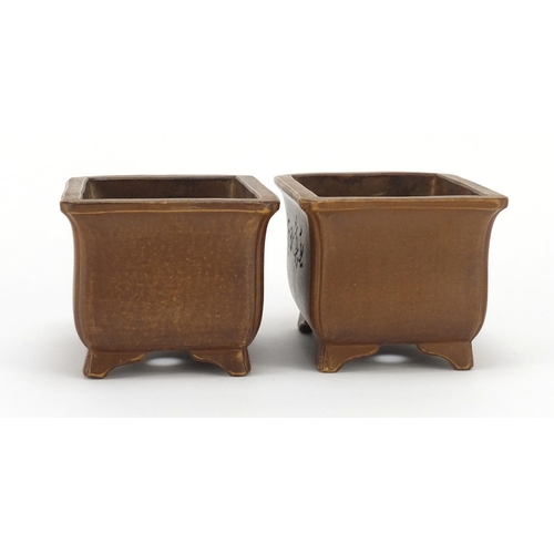 354 - Pair of Yixing terracotta planters incised with flowers and calligraphy, impressed character marks t... 