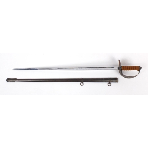 275 - British Military dress sword with scabbard, the steel blade engraved with Regimental motifs, 103cm i... 