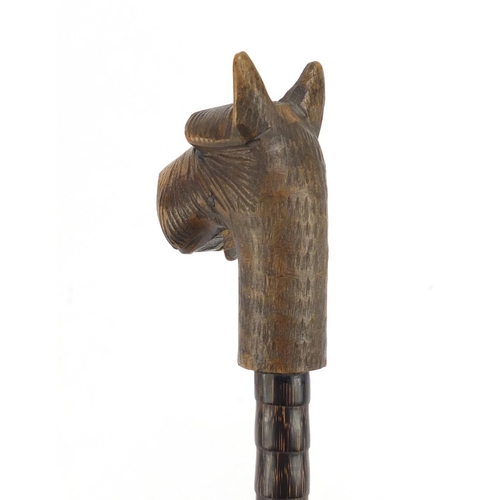 116 - Bamboo walking stick with black forest dogs head design pommel, having moveable mouth, 91cm in lengt... 