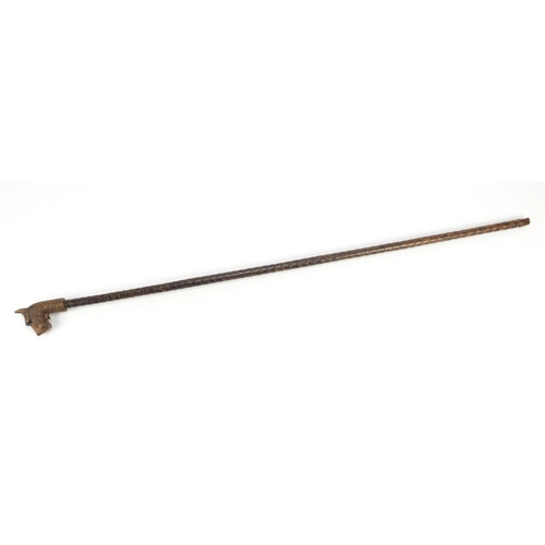 116 - Bamboo walking stick with black forest dogs head design pommel, having moveable mouth, 91cm in lengt... 