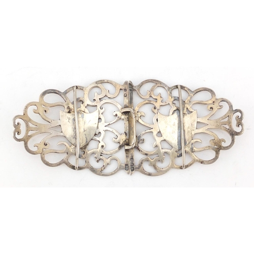 608 - Victorian silver two piece nurses buckle by George Unite & Sons Birmingham 1875, 14cm in length, 64.... 