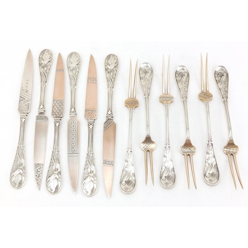 626 - Set of six sterling silver knifes and forks by Tiffany & Co, each cast with a kingfisher perched amo... 