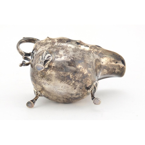 596 - Silver sauce boat by James Dixon & Sons Ltd, raised on with three hoof feet, Sheffield 1937, 15.5cm ... 