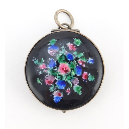 607 - Circular sterling silver compact, the hinged lid enamelled with flowers, 3.5cm in diameter, 24.5g