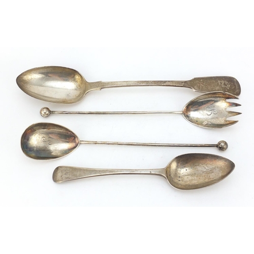628 - Silver items comprising a Victorian basting  spoon, Georgian tablespoon and pair of salad servers, v... 