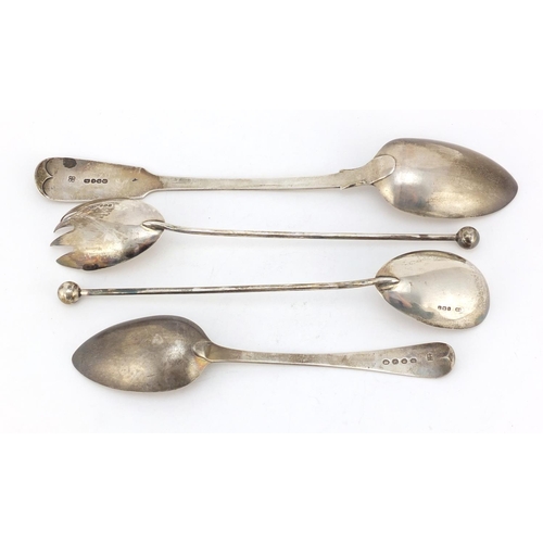 628 - Silver items comprising a Victorian basting  spoon, Georgian tablespoon and pair of salad servers, v... 