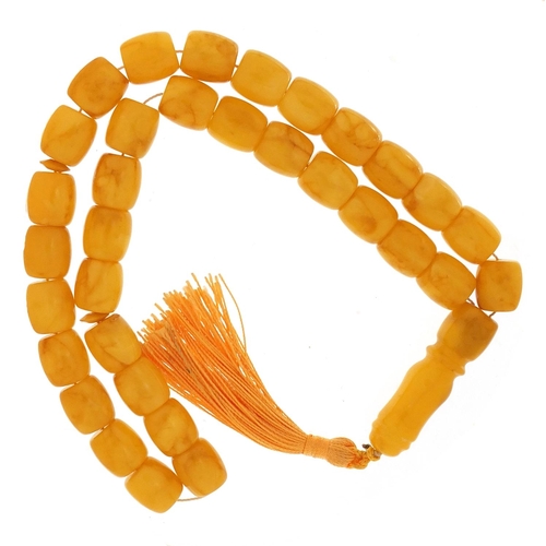 696A - String of Islamic butterscotch egg yolk amber coloured prayer beads, 50cm in length, 62.2g