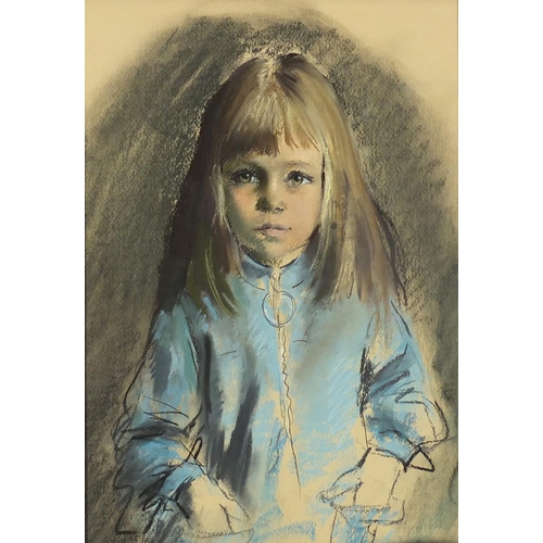 853 - Portrait of a young girl in a blue dress, English school pastel and chalk, framed, 50cm x 34.5cm